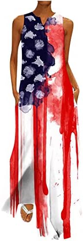 HGCCGDU 4th Temmuz Maxi Elbise Kadınlar için 2023 Bağımsızlık Günü Elbise uzun elbise Kolsuz Çentikli V Boyun Elbise