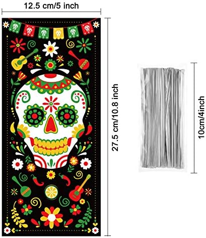 100 Adet Ölülerin Günü ikram çantaları, Siyah Día de Los Muertos Selofan Plastik Şeker Hediye Çantaları Cadılar Bayramı