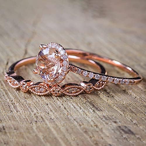 2023 Zarif Kadın Gül Altın Dolgulu Morganit Pembe Taş Düğün gelin yüzüğü Seti Bağlantılı Yüzükler (Gül Altın, 11)