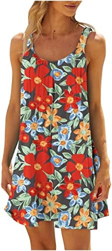 Yaz Kadın Rahat Yuvarlak Boyun Kolsuz Cami Tankı Elbise Flowy Salıncak Tatil Sundress Çiçek Baskı Kısa Plaj Elbiseleri