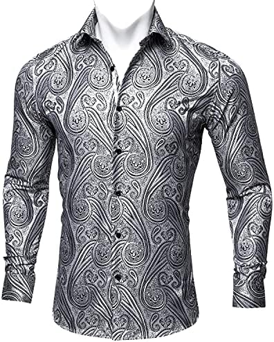 Erkek Gömlek Casual Düğme İpek Paisley Gömlek Uzun Kollu Düzenli Fit Jakarlı Dokuma Resmi Üst Erkek