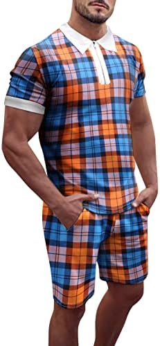 UBST Yaz 2 Parça Kıyafetler Set Mens için, kısa Kollu Ekose Polo Gömlekler Kontrol Çizgili Şort Plaj Rahat Eşofman