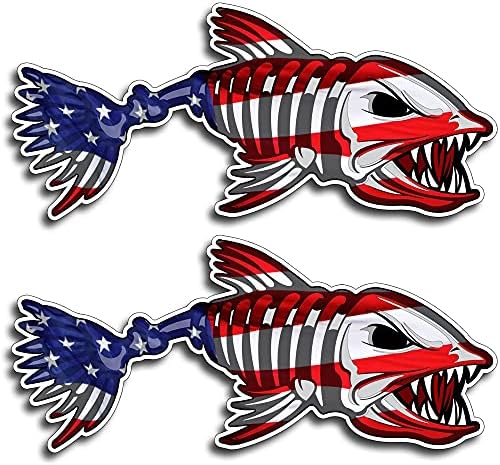 WSQ 2 - Pack ABD Bayrağı Kemik Balık Vinil Sticker Çıkartması - 6x2.5 İnç-Tekneler için Balık Çıkartmaları Tuz Hayat