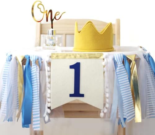 Innerspark tarafından erkek bebek 1st Doğum Günü Partisi Süslemeleri, Mavi ve Altın set, şerit Yüksek Sandalye Afiş,