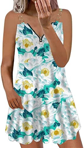 Rahat Yaz Bayan Tank Elbise Fermuar V Boyun Spagetti Kayışı Sundress Casual Plaj Elbise Çiçek yaz elbisesi