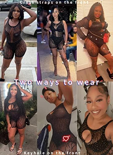 Seksi Sparkly Rhinestone Bodysuit - Rave Egzotik Örgü Fishnet Giyim Parti Romper Cut Out Bodycon Elbise Kadınlar için