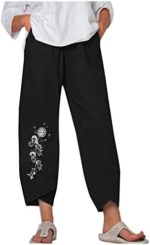 Kadın Karahindiba Çiçek Baskı Pantolon Keten Pantolon Salonu Yüksek Kesim Düz Bacak Yaz Sonbahar Pantolon 2023 Giyim