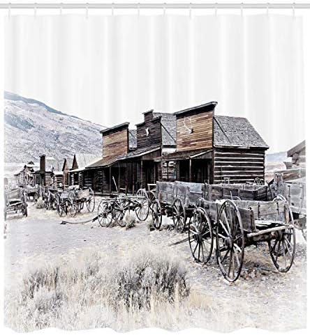 Ambesonne Batı Duş Perdesi, Hayalet Kasabada 20'li yıllardan kalma Eski Ahşap Vagonlar Antika Wyoming Tekerlekler