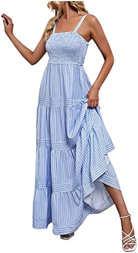 WPOUMV Yaz Maxi Elbise Kadınlar ıçin Çizgili Kolsuz askı elbise Moda Flowy Salıncak Sundress Casual Gevşek Fit Uzun
