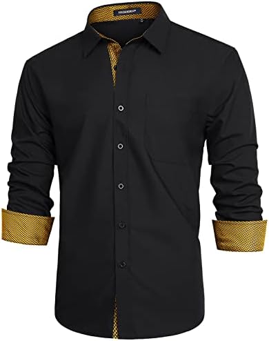 HISDERN Erkek Elbise Gömlek Uzun Kollu Düğme Aşağı Casual Gömlek Erkekler ıçin Iç Kontrast Resmi Iş Smokin Düğün Gömlek