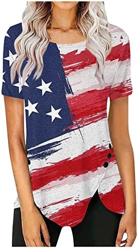 4th Temmuz Gömlek, kadın Bahar ve Yaz Moda Bağımsızlık Günü Baskı T-Shirt Gevşek Rahat Crewneck Hem Düğme