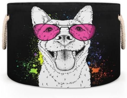 Güneş Gözlüklü Gülümseyen Köpek Depolama için Büyük Yuvarlak Sepetler Kulplu Çamaşır Sepetleri Banyo Rafları için