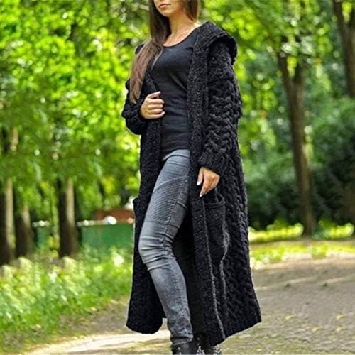Uzun Kazak kadın Tıknaz Örgü Kablo Hırka Sıcak Kış Triko Rahat Katı Örme Kaburga kapüşonlu ceket cepli