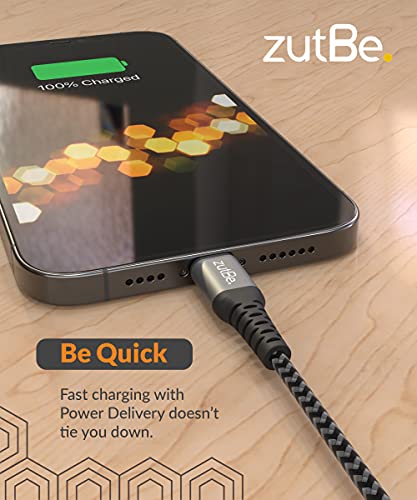 zutBe Kalkanı USB-C'den Yıldırım Kablolarına Kevlar Örgülü, iPhone için (MFİ Sertifikalı) 10ft Güç Dağıtımını Destekler