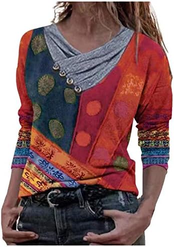 BEIBEIA Bluzlar Kadınlar ıçin Moda Yaka Geometrik Uzun Kollu Casual Baskı Fermuar Çok Renkli Üstleri Yaz Gevşek Gömlek