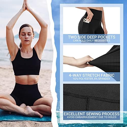 3 Paket Biker Şort Cepler ile Kadınlar için-5 Yüksek Belli Karın Kontrol Egzersiz Spandex Şort Spor Yoga için