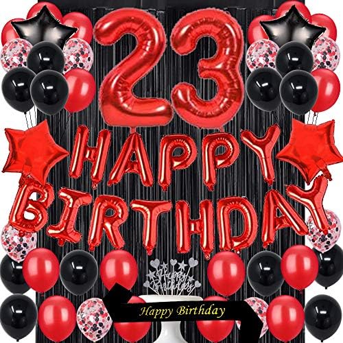 Fancypartyshop 23RD Doğum Günü Partisi Süslemeleri Malzemeleri Kırmızı Siyah Sonra Balonlar Mutlu Doğum Günü Pastası