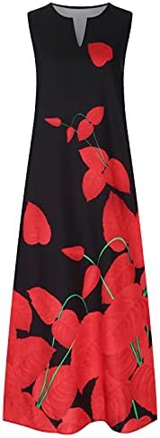 Kadın Rahat Gevşek Maxi Elbise Vintage Çiçek Baskı Sundress V-Tel Boyun Kat Uzunluk Kolsuz Tank Elbiseler