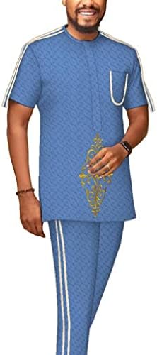 Beyler Nakış Afrika Erkekler Gömlek Üst ve Pantolon Kıyafet Dashiki Kısa Kollu Bluz Eşofman Giyim 2 Parça Set
