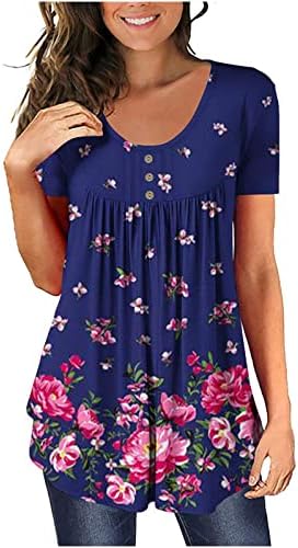lcepcy Yaz Tunik Üstleri Kadınlar için Renkli Çiçek Baskı Kavisli Hem T Shirt Yuvarlak Boyun Düğmesi Kısa Kollu Bluzlar