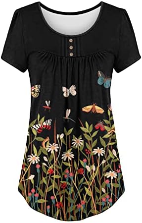 lcepcy Yaz Tunik Üstleri Kadınlar için Renkli Çiçek Baskı Kavisli Hem T Shirt Yuvarlak Boyun Düğmesi Kısa Kollu Bluzlar