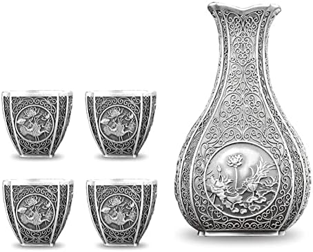999 Ayar Gümüş karaf kap seti, El Oyma Lotus Totem Sake Likör Kabı, Vintage Lüks Ev Dekorasyonu cezve, 1jug 6cup