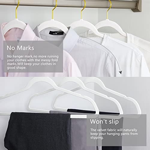 MIZGI Premium Kadife Askılar Paketi 30 Adet Ağır Kaymaz İnce Kadife Takım Elbise Askıları Beyaz Altın Kanca, yerden