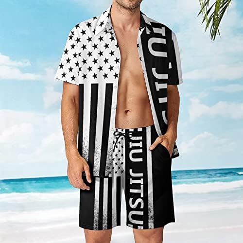 WEEDKEYCAT Amerikan Bayrağı Jiu-Jitsu erkek Plaj Kıyafetleri 2 Parça Hawaii Düğme Aşağı Gömlek Kısa Kollu ve Şort