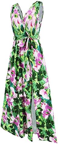 Sundress Kadınlar için Geniş Sapanlar Kolsuz Wrap V Boyun Kravat Bel rahat elbise Bölünmüş Hem Boho Çiçek Plaj Maxi