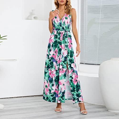 Sundress Kadınlar için Geniş Sapanlar Kolsuz Wrap V Boyun Kravat Bel rahat elbise Bölünmüş Hem Boho Çiçek Plaj Maxi
