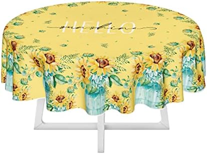 Horaldaily Bahar Yaz Masa Örtüsü 60x60 İnç Yuvarlak, ayçiçeği Vazo Hello Sunshine Çiçek Masa Örtüsü için Parti Piknik