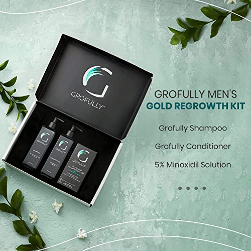 Grofully Erkek Saç Büyütme Seti-Altın / 3 Adımlı Sistem / Şampuan, Saç Kremi ve %5 Minoksidil