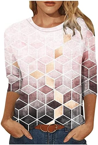 Ekip Boyun T Shirt Bayanlar için Uzun 3/4 Kollu Degrade Geometri Grafik Salonu Üstleri Tişörtleri Genç Kız 2023 ZM