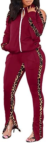 RAMOUG kadın Renk Bloğu Fermuar Up 2 Parça Pantolon Setleri Leopar Soğuk Omuz Kıyafetler