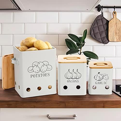 WUWEOT 3 Paket Sebze Saklama Kapları, Metal Soğan Sarımsak Patates Kavanoz Seti, Mutfak Bidonları Havalandırma Delikli
