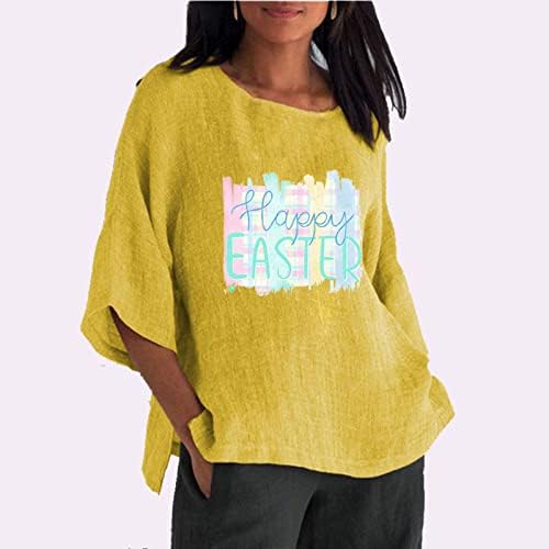 Mutlu Paskalya Gömlek Kadınlar için 3/4 Kollu Yan Yarık Tunik Üstleri Rahat Yumuşak Pamuk Keten Bluz Yaz Rahat baskı