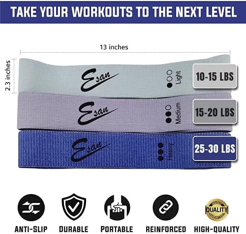 ESAN Kumaş Direnç Bandı-Yumuşak Pamuklu Dokuya Sahip 3 adet Egzersiz Döngüsü Bandı-Yoga, Pilates ve Germe için Direnç