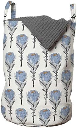 Ambesonne Tozlu Mavi Çamaşır Torbası, Vintage Elle Çizilmiş Protea Çiçekler Doğa Teması, Çamaşırhaneler için Kulplu