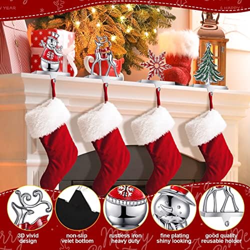 Zhengmy Manto için 4 Noel Çorap Tutucu Seti Ren Geyiği Kar Tanesi Kardan Adam Çam Ağacı Metal Ayakta Kanca Dekoratif