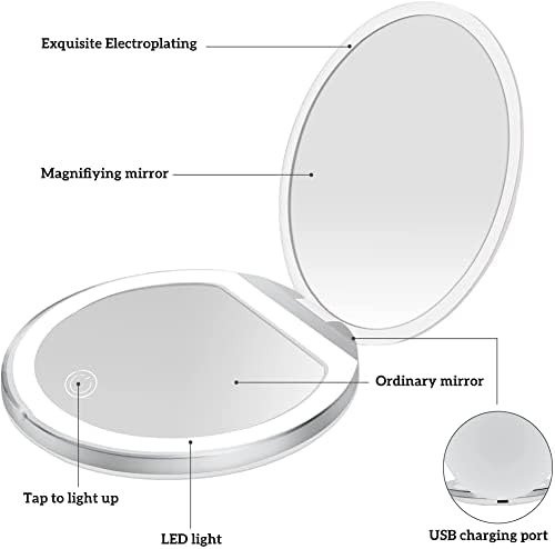 Işıklı Kompakt Ayna, 3X Büyütme Seyahat Aynası, Şarj Edilebilir LED Mini Ayna, Cüzdanlar için Taşınabilir Ayna