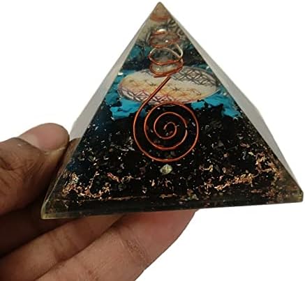 Sharvgun orgonit piramidi Turmalin & Turkuaz Taş Çiçek Hayat Orgon Piramidi negatif enerji koruma 65 - 70MM, Etra