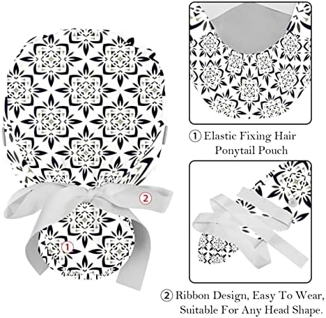 2 Paket çalışma Kapağı Düğmeli Ter Bandı, Yaratıcı Siyah ve Beyaz Boho Geometrik Desen Ayarlanabilir İş Şapkası