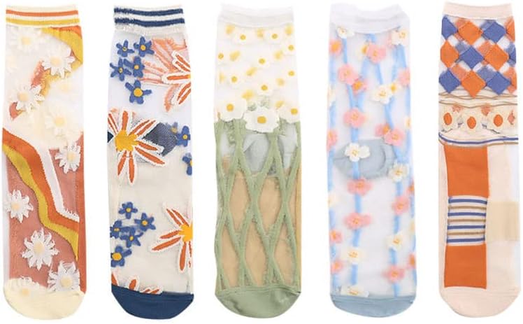 PONPY 5 Pairs Bir Boyut Kadın Kızlar Şeffaf Çiçek İpek Ayak Bileği Çorap Vintage Şeffaf Çorap İnce Örgü Dantel Elastik