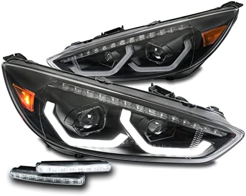 ZMAUTOPARTS Sıralı Projektör Farlar Siyah w / 6 Beyaz DRL ile Uyumlu 2015-2018 Ford Focus S / SE / ST