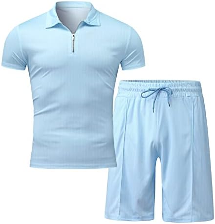 Erkek Rahat Şerit İki Parçalı Fermuar Yaka Polo Bluz Tops İpli Cep kısa pantolon seti Erkek Takım Elbise Spor setleri