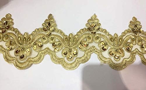 Boncuklu Dantel Trim Payetli Şerit Vintage Dekoratif Düğün / Gelin DIY Craft Dikiş Renkli Kumaş (Altın, 5 Metre)