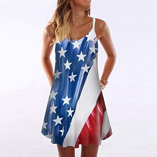 Balakie kadın 4th Temmuz Amerikan Bayrağı Kolsuz T-Shirt Elbise Yaz Rahat Plaj Elbise Cepler ile