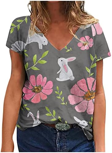Paskalya Tee Gömlek kadın t-shirtü Kısa Kollu V Boyun Sevimli Çiçek ve Tavşan Baskı Günlük Rahat Gevşek Tees En