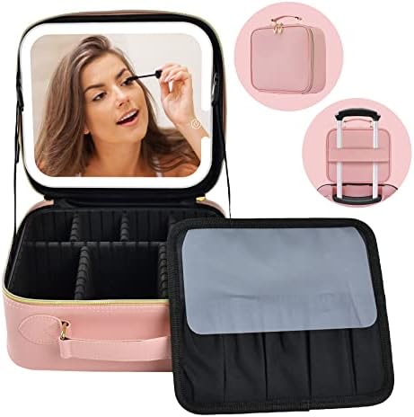 Ayna led ışık ile seyahat makyaj çantası, 3 ayarlanabilir parlaklık kozmetik çantası taşınabilir depolama ayarlanabilir