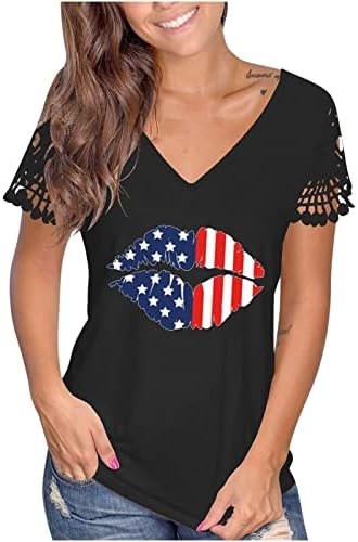 Kadın 4th Temmuz Gömlek Amerikan Bayrağı Ayçiçeği Baskı Tees Tops Hollow Out Kısa Kollu Bağımsızlık Günü Gömlek